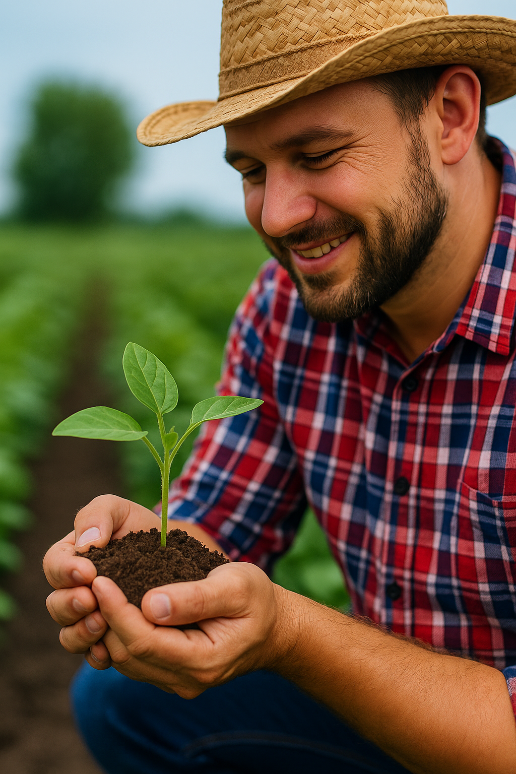 Granjero con su cosecha en la mano y feliz